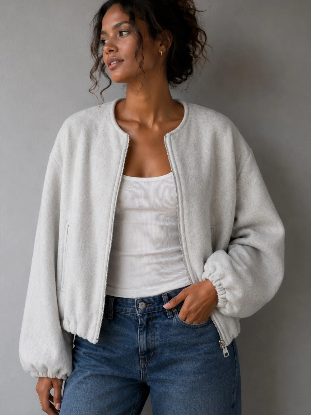 Zara Oatmeal Fleece Zip Bomber Jacket M Minimalist Quiet Luxury Balloon Sleeve